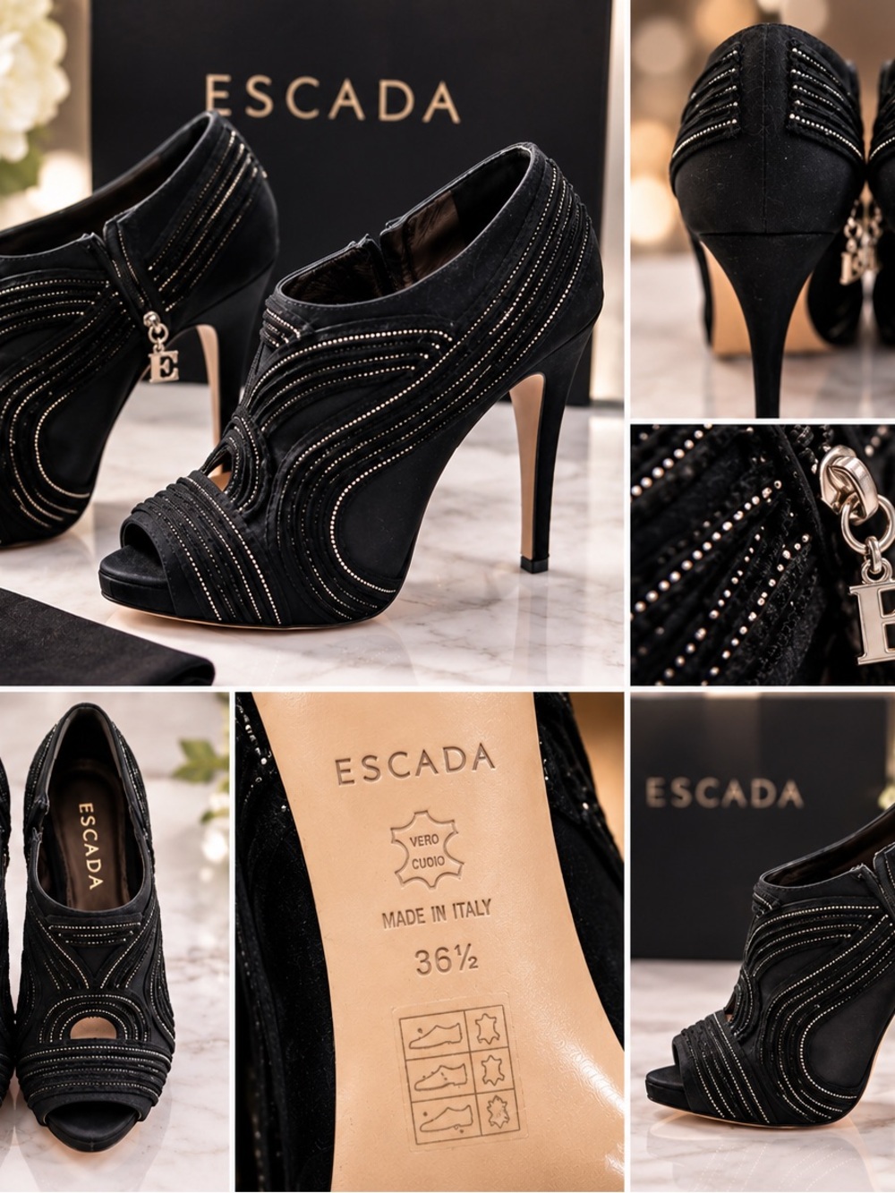 Escada Black Suede Crystal-Embellished Peep-Toe Stilettos